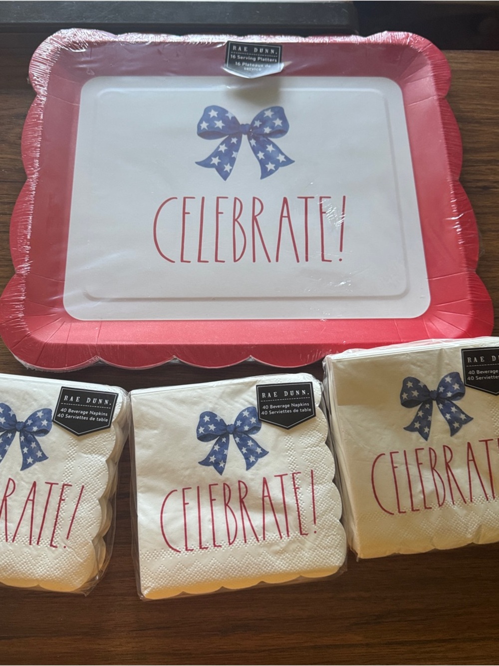 Rae Dunn Red & White "Celebrate!" Platter and Napkin Set with Blue Star Bow